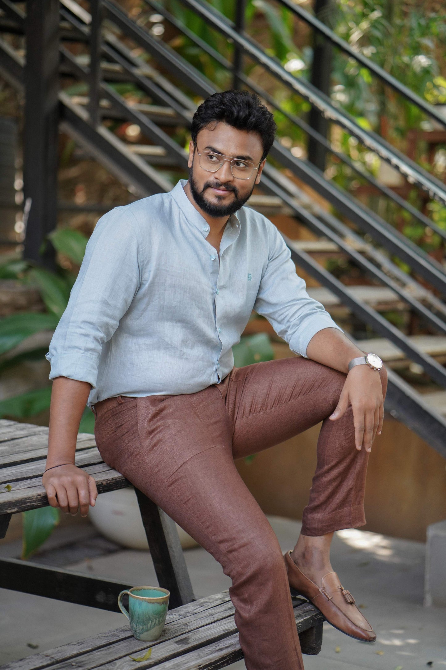 HOS Pure Linen Mens Blue Shirt front with HOS Linen Pants