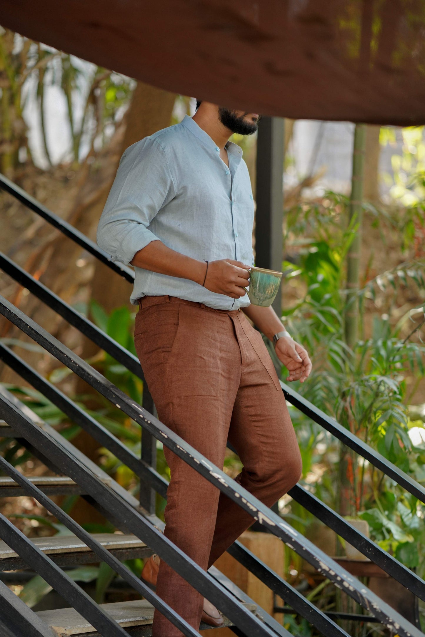 HOS Pure Linen Blue Mens Shirts Front