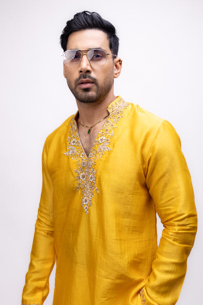 Majestic Haldi Edit | Yellow Soft Silk Embroidered Kurta