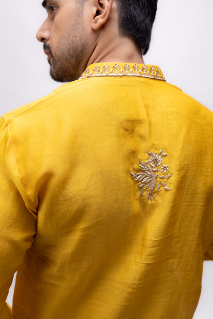 Majestic Haldi Edit | Yellow Soft Silk Embroidered Kurta