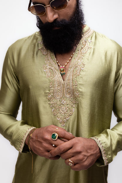 Majestic Mehendi Edit | Green Silk Embroidery Kurta