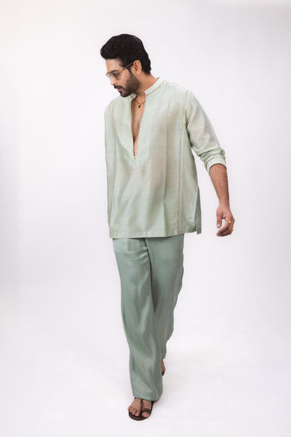 Sundowner Royalty | Green Chanderi Silk Kaftan Kurta Set