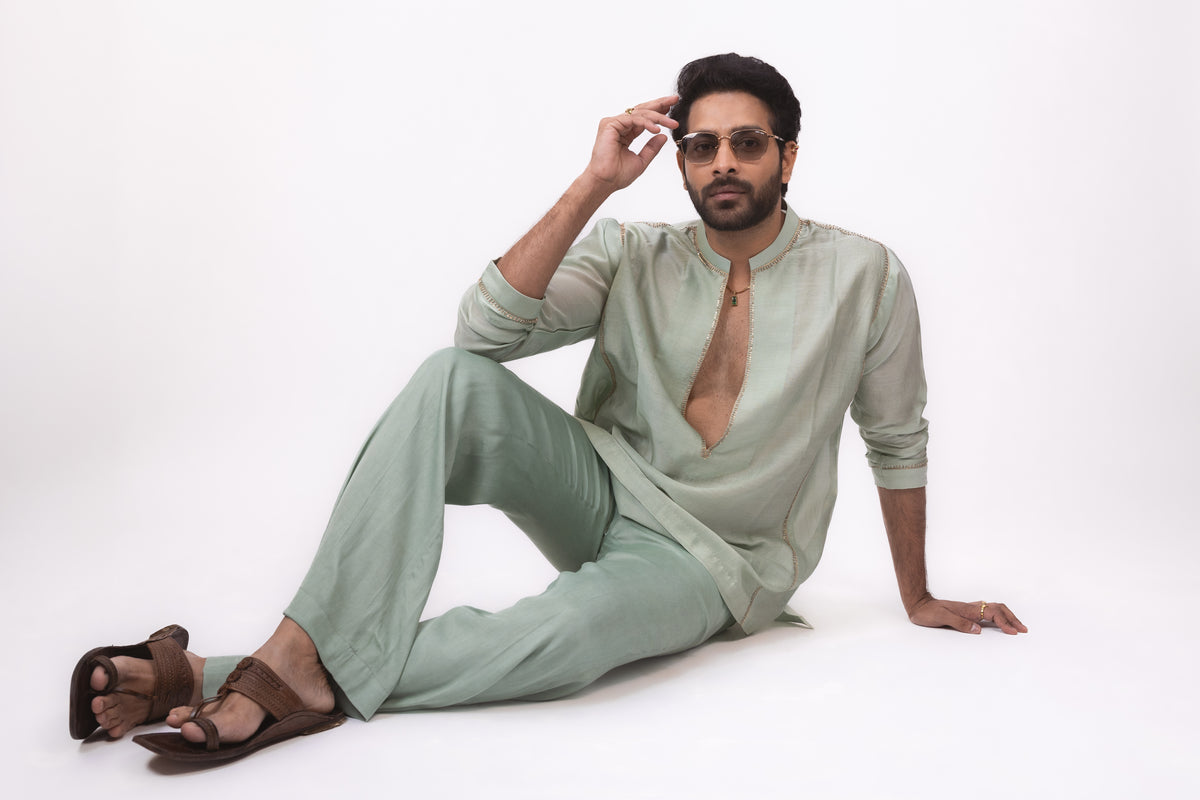 Sundowner Royalty | Green Chanderi Silk Kaftan Kurta Set