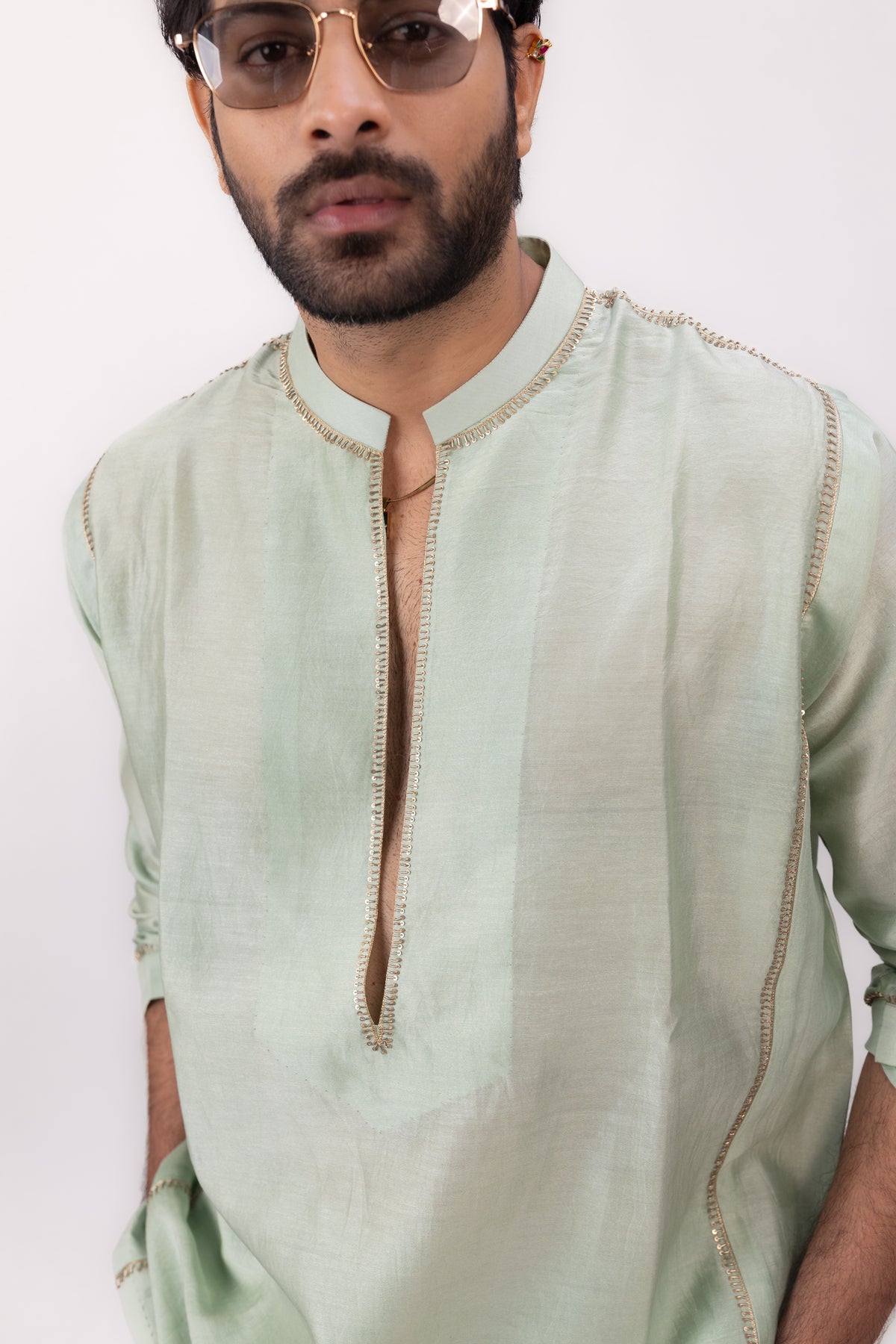 Sundowner Royalty | Green Chanderi Silk Kaftan Kurta Set