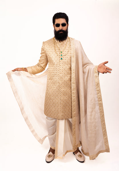 Royal Sangam Signature Dhoti Sherwani | Golden Sherwani Set