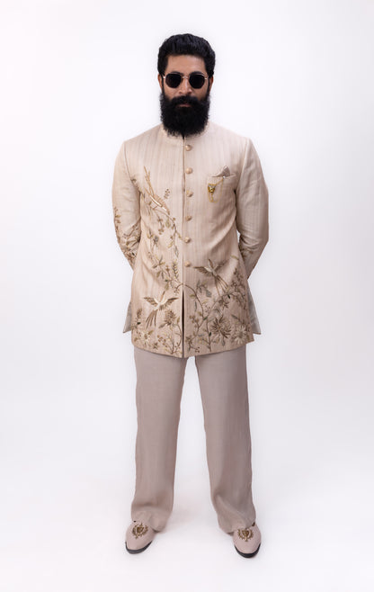 Raw Silk Grandeur | Men's Designer Beige Bandhgala