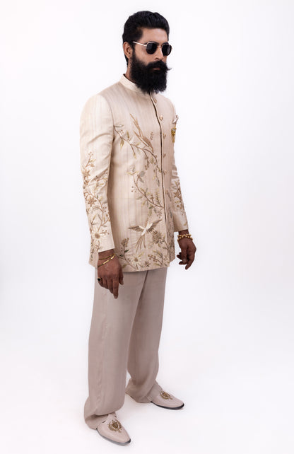 Raw Silk Grandeur | Men's Designer Beige Bandhgala