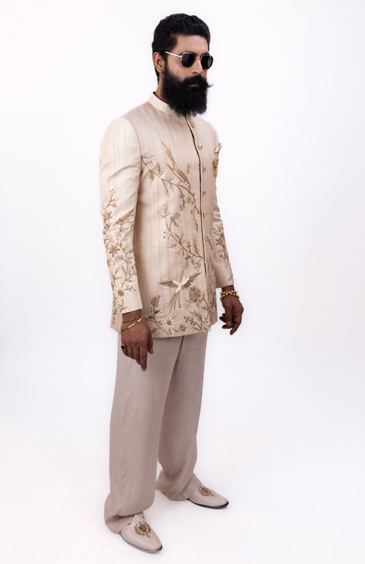 Raw Silk Grandeur | Men's Designer Beige Bandhgala Set