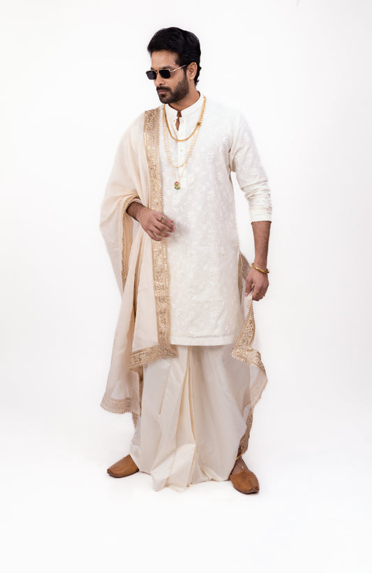 Regal Chanderi Silk Elegance | Ivory Dhoti Kurta Set