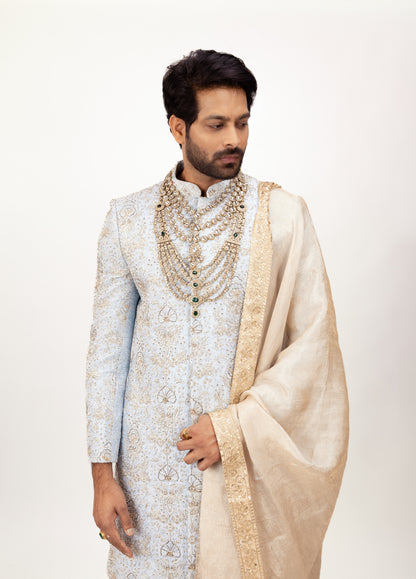 Imperial Sky Sherwani | Hand Embroidered Blue Sherwani