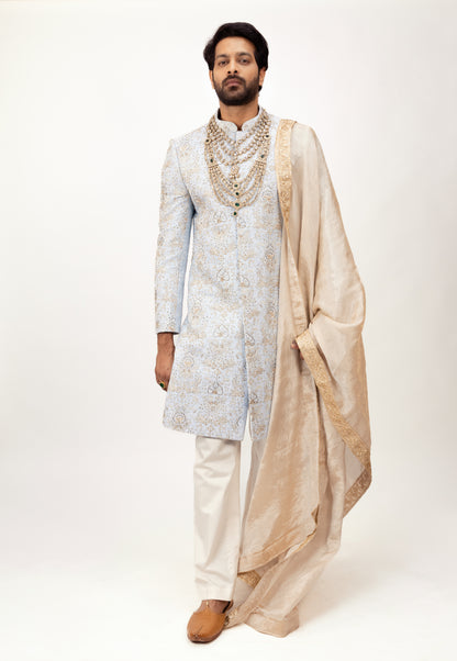 Imperial Sky Sherwani | Hand Embroidered Blue Sherwani