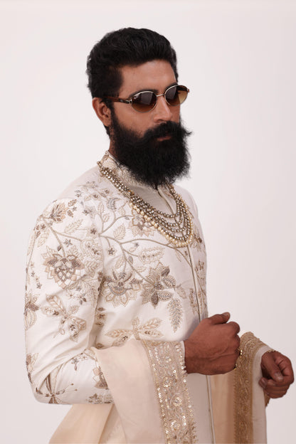 Timeless Ivory Grandeur | Hand Embroidered Sherwani Set