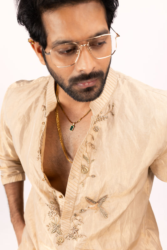 Heritage in Tissue Silk | Men's Designer Golden Kurta Set