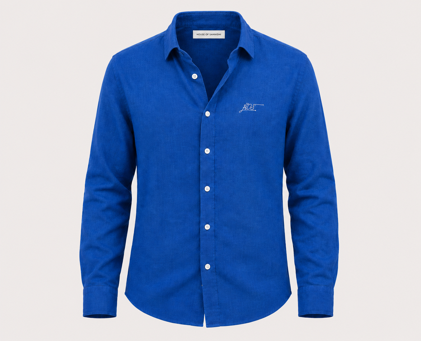 Blue shirt with a logo on a light gray background