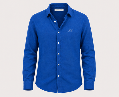 Blue shirt with a logo on a light gray background