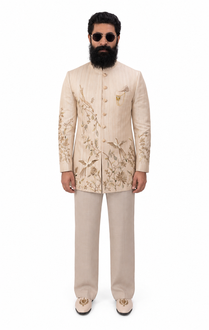 Raw Silk Grandeur | Men's Designer Beige Bandhgala