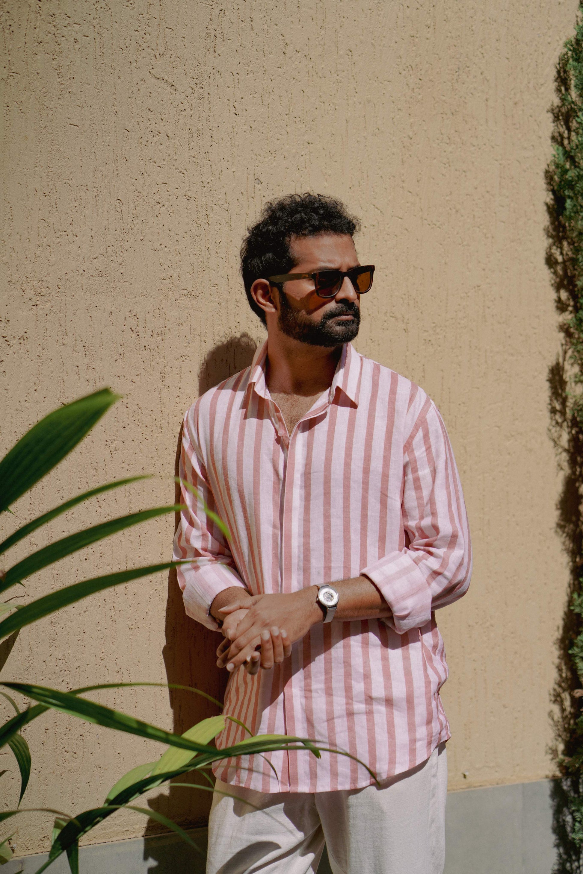 HOS Ibiza Summer Printed Pink Striped Cotton Linen Mens Shirt Front side