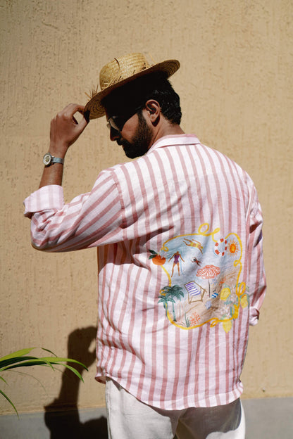 HOS Ibiza Summer Printed Pink Striped Cotton Linen Shirt Back