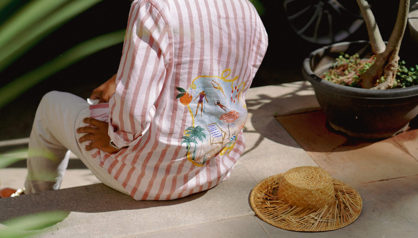 HOS Ibiza Summer Printed Pink Striped Cotton Linen Shirt close up landscape