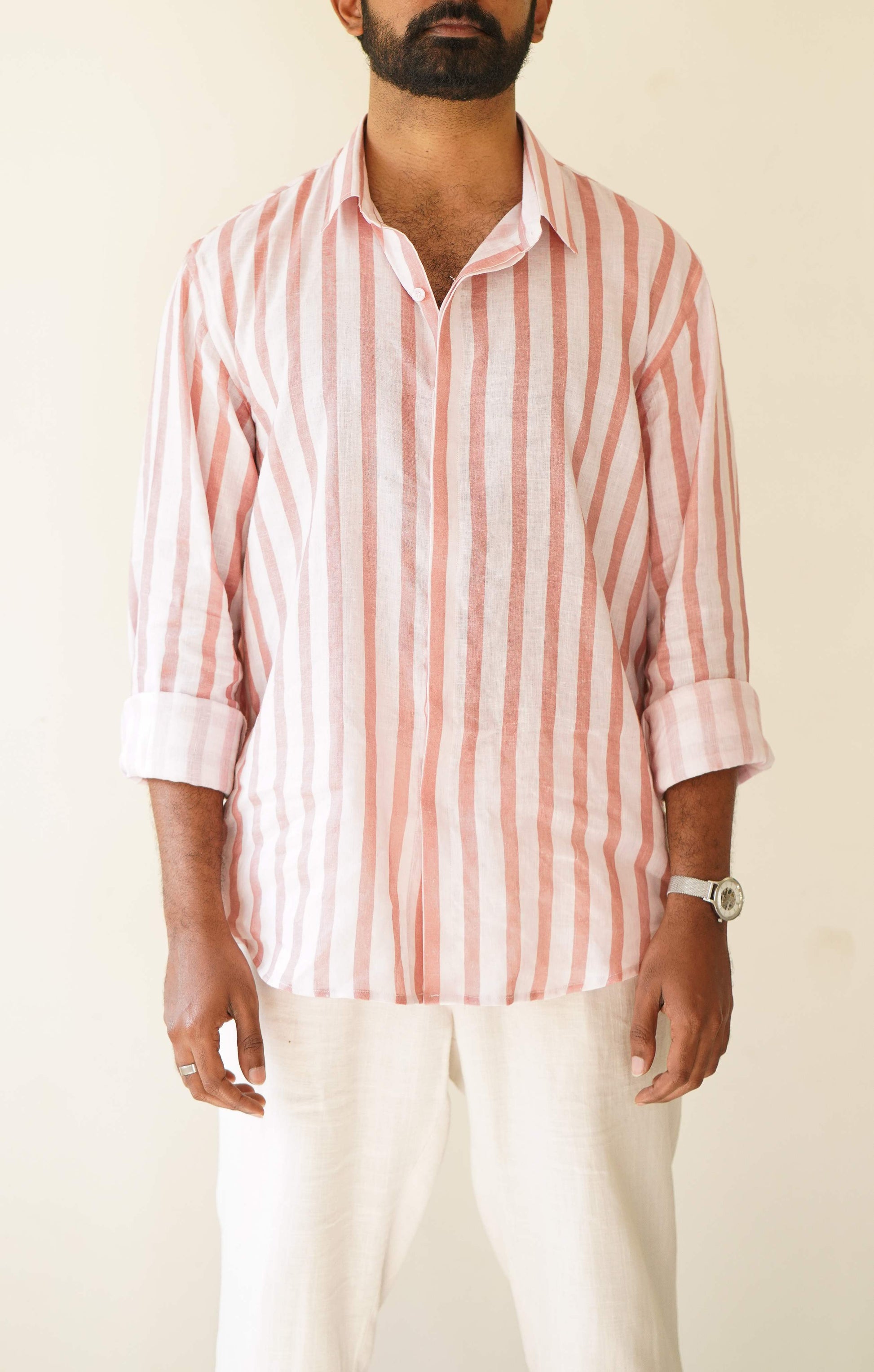 HOS Ibiza Summer Printed Pink Striped Cotton Linen Shirt front view 