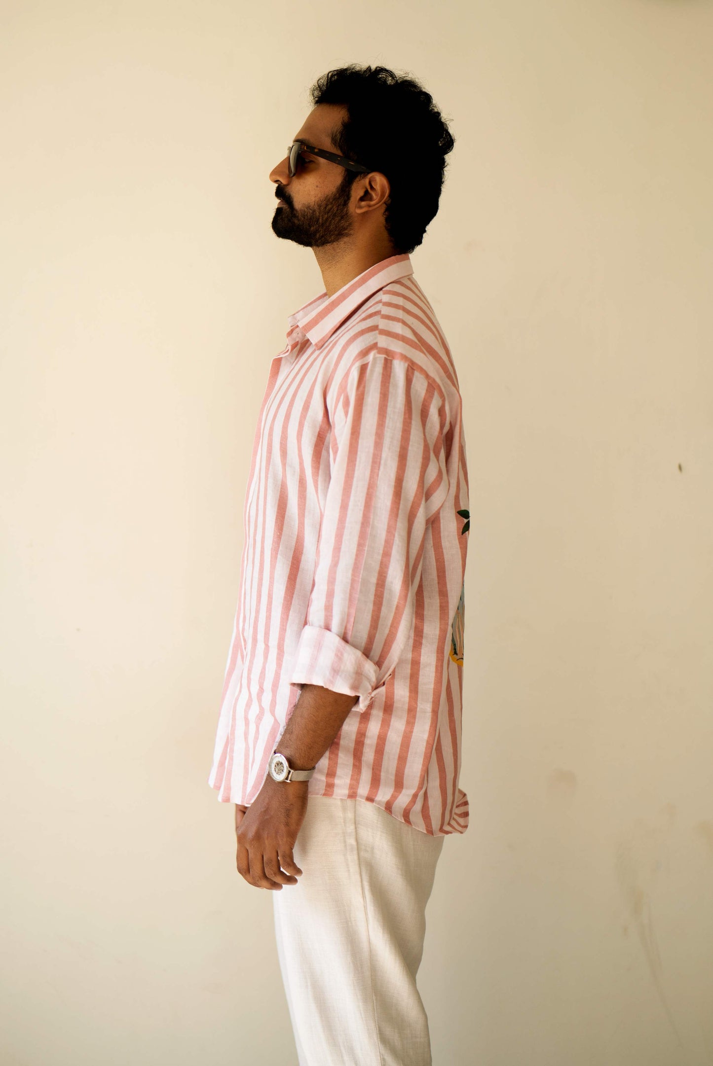 HOS Ibiza Summer Printed Pink Striped Cotton Linen Mens Shirt Side view 
