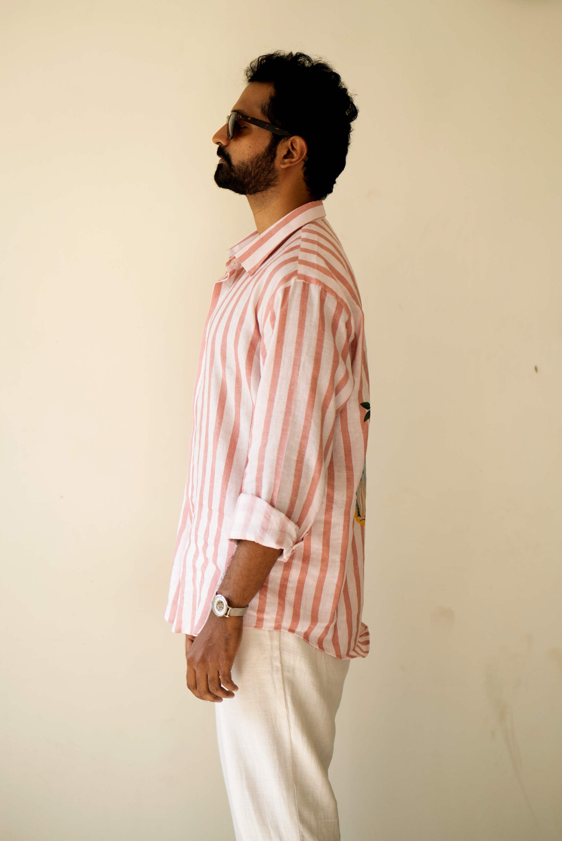 HOS Ibiza Summer Printed Pink Striped Cotton Linen Mens Shirt Side view 