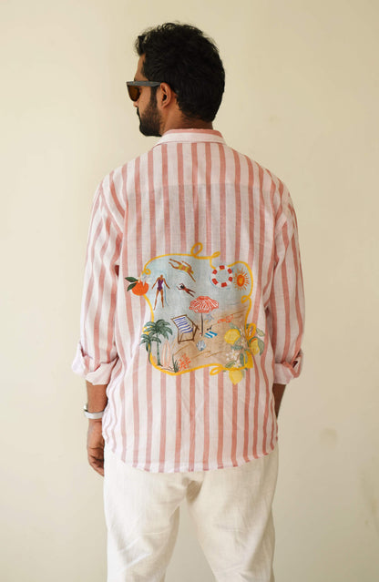 HOS Ibiza Summer Printed Pink Striped Cotton Linen Shirt Full Print back view