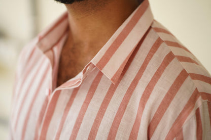 HOS Ibiza Summer Printed Pink Striped Cotton Linen Shirt Collar Close up