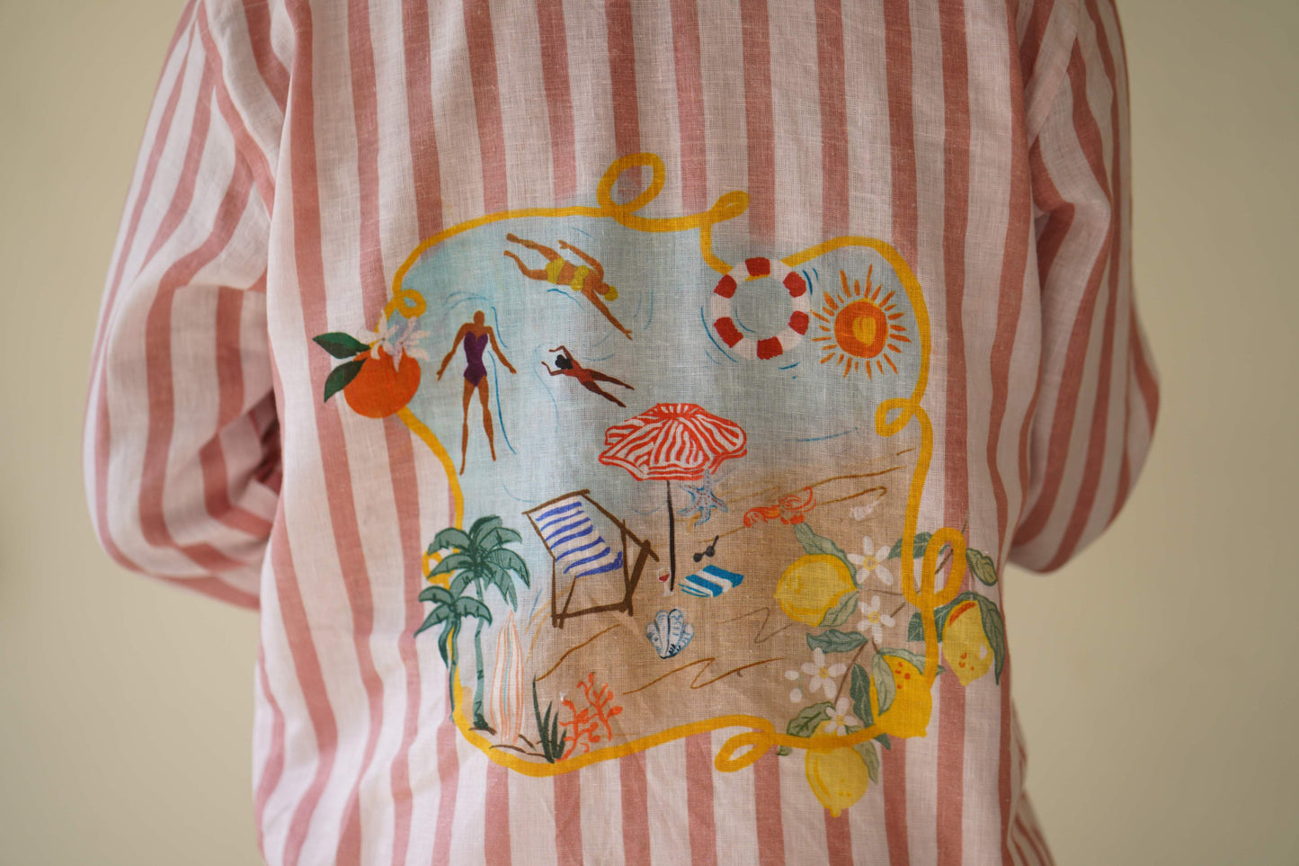 HOS Ibiza Summer Printed Pink Striped Cotton Linen Mens Shirt beach print close up 