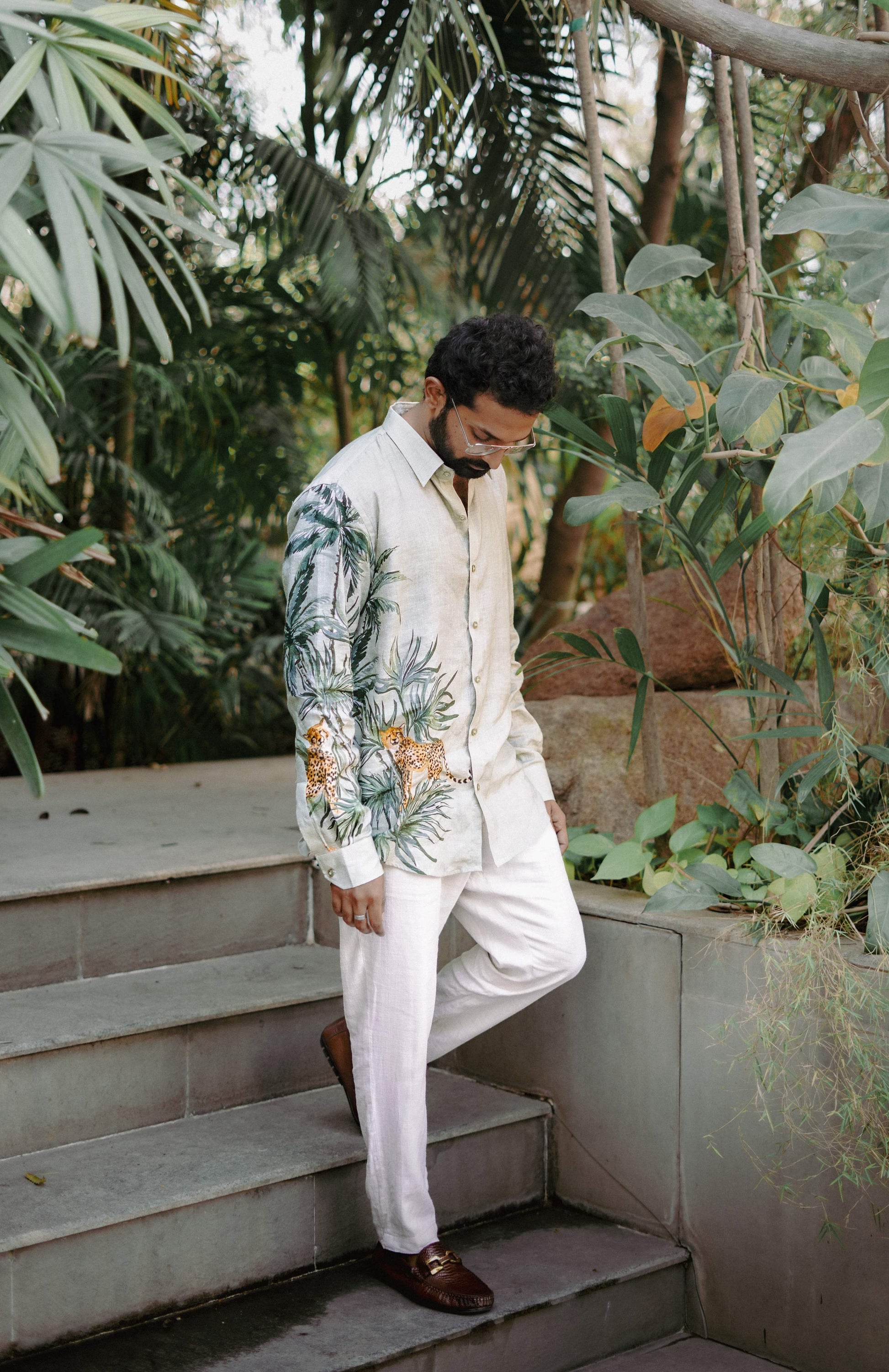 HOS Leopard Printed Olive Green Cotton Linen Mens Shirt Side view with prints of leopard and green background