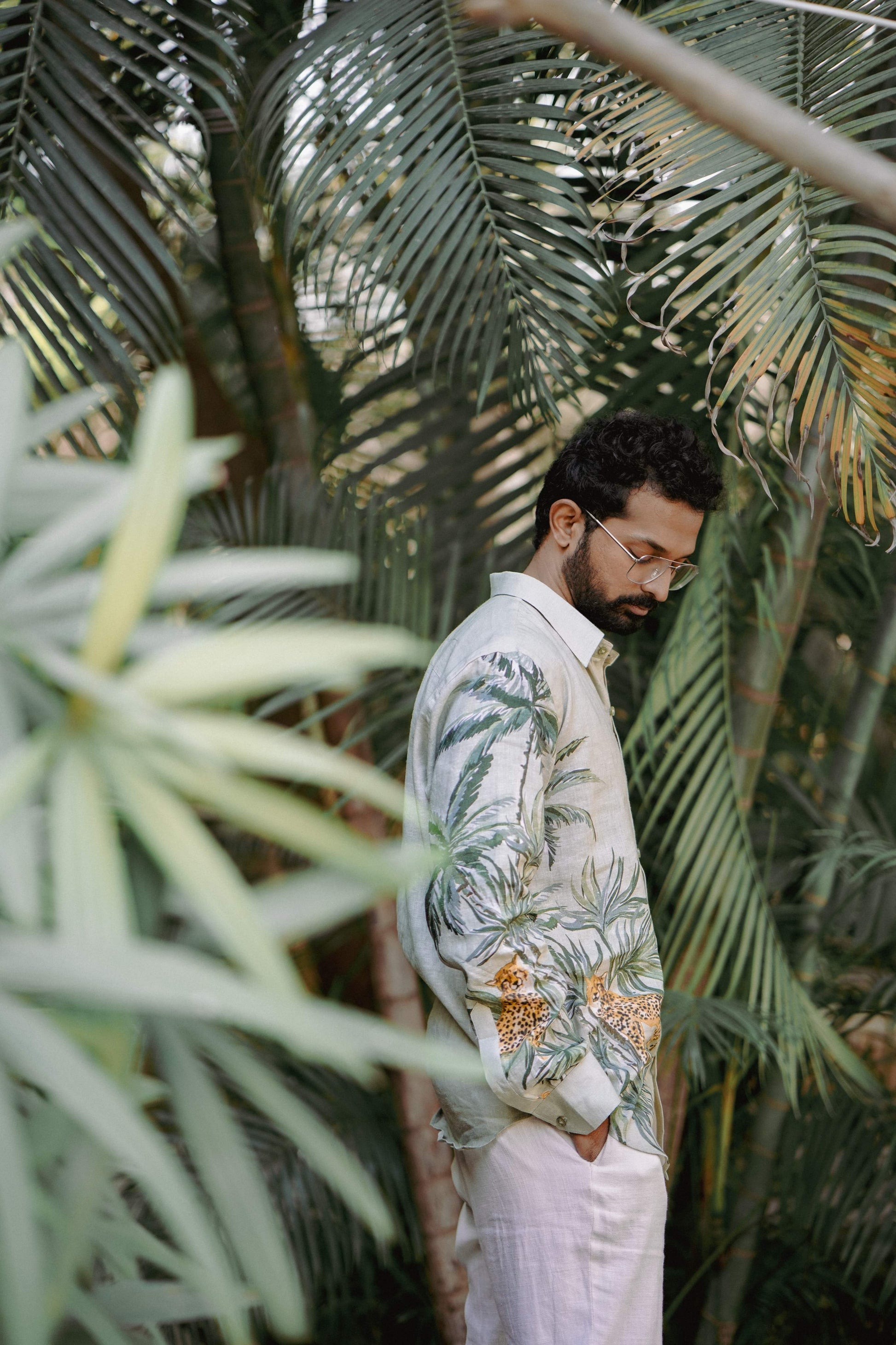 HOS Leopard Printed Olive Green Cotton Linen Mens Shirt Side view with ambience of nature