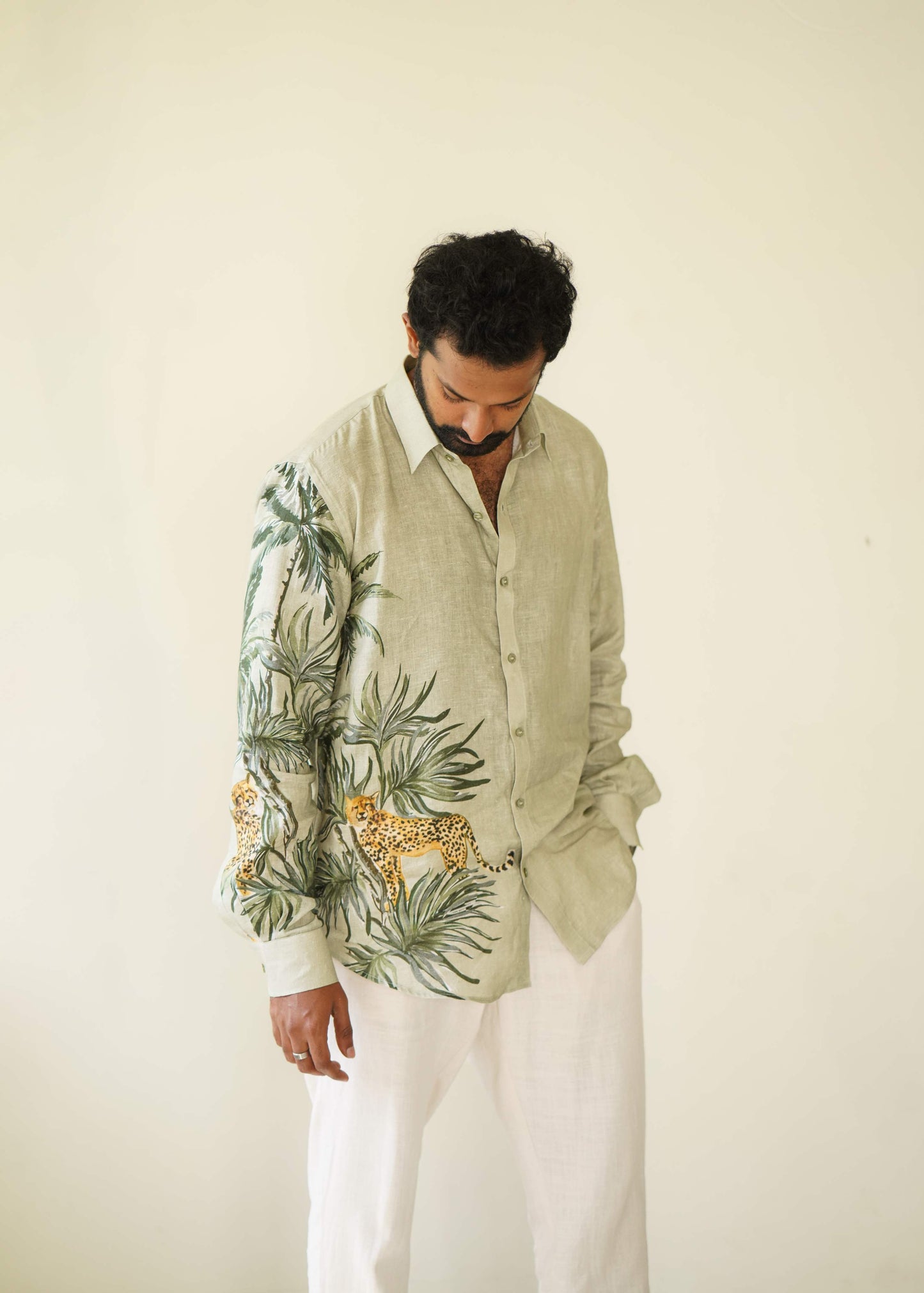 HOS Leopard Printed Olive Green Cotton Linen Mens Shirt front 2