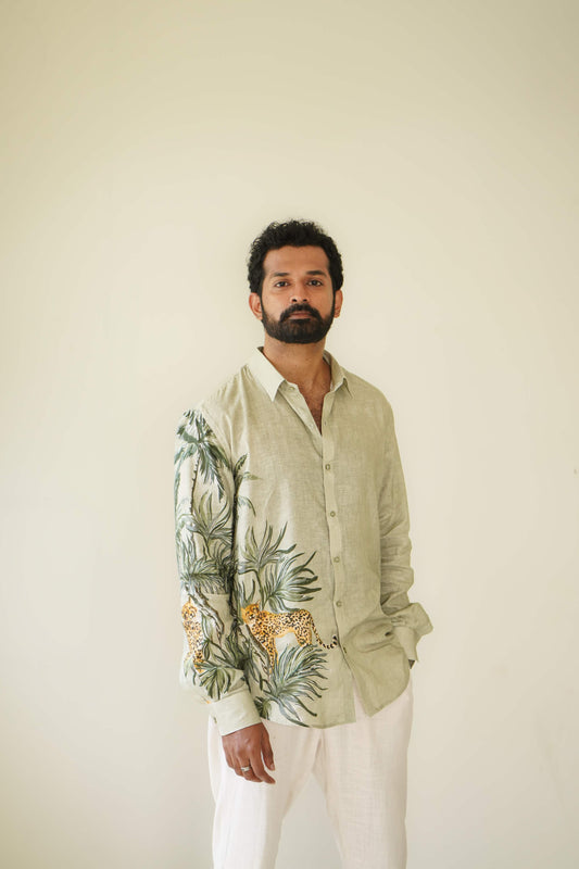 HOS Leopard Printed Olive Green Cotton Linen Shirt front view