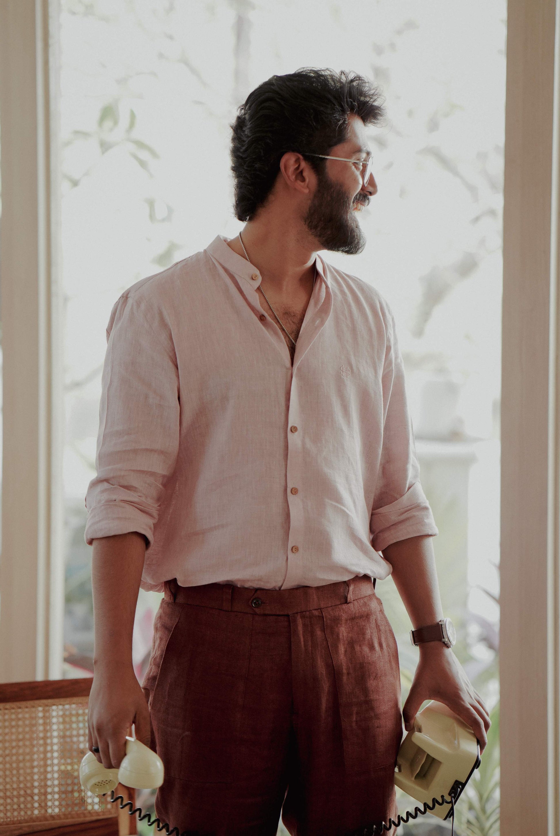 HOS Pure Linen Beige Pink Shirt Front 