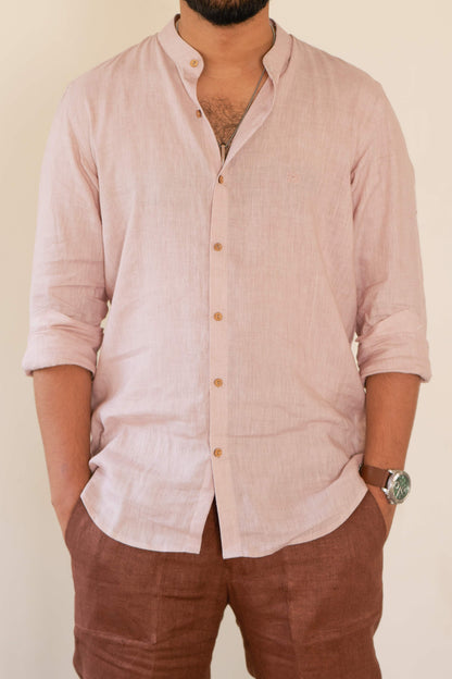 HOS Pure Linen Mens Beige Pink Shirt Front pose