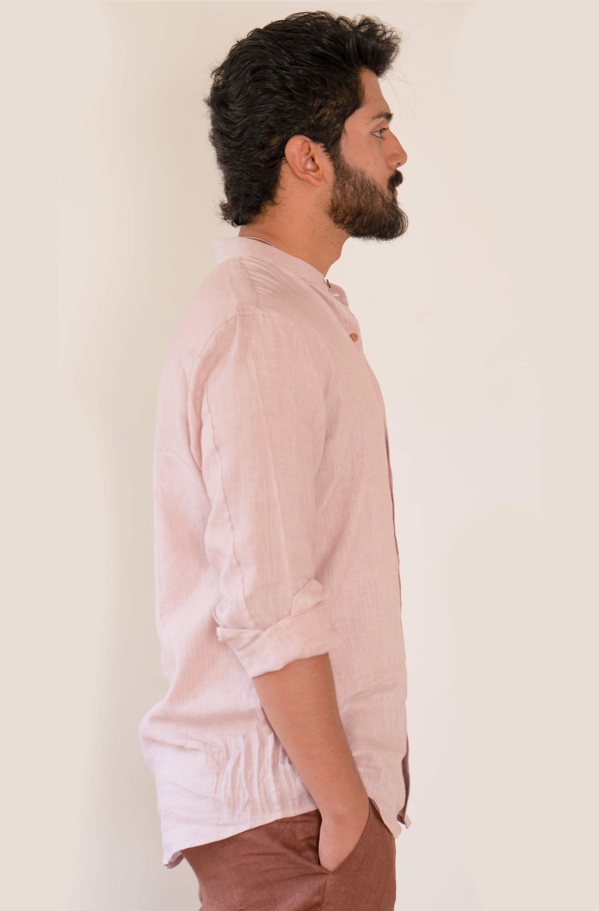 HOS Pure Linen Mens Beige Pink Shirt right side look 
