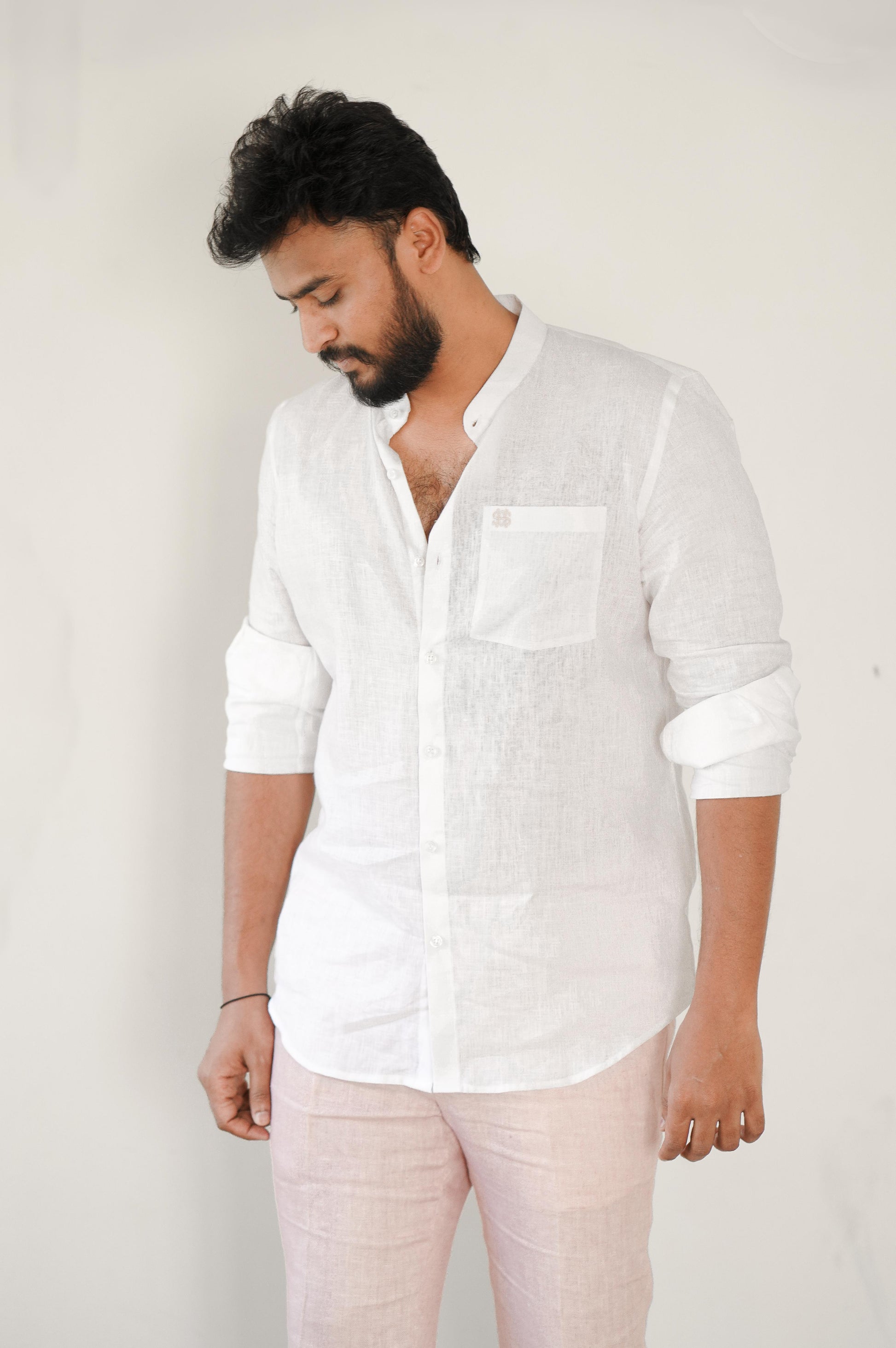 Pure White Linen Mens Shirt Front standing