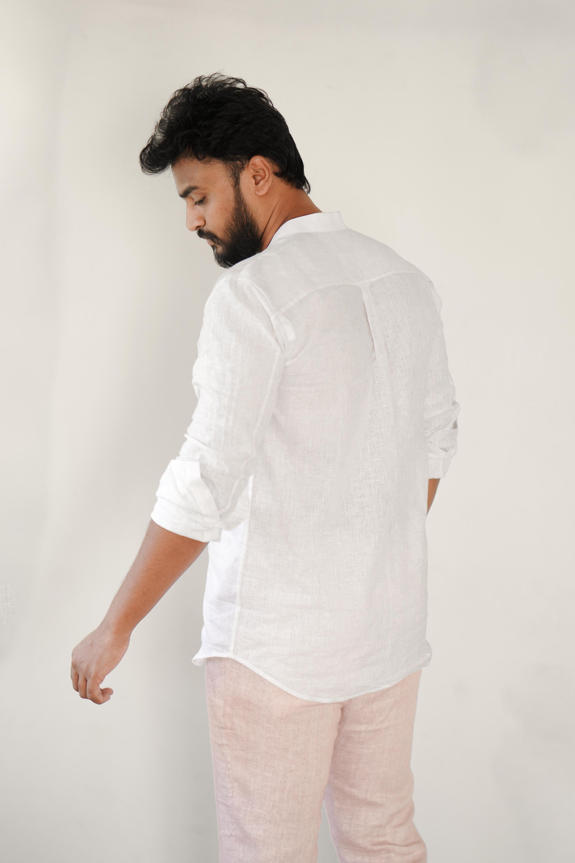 Pure White Linen Mens Shirt Side