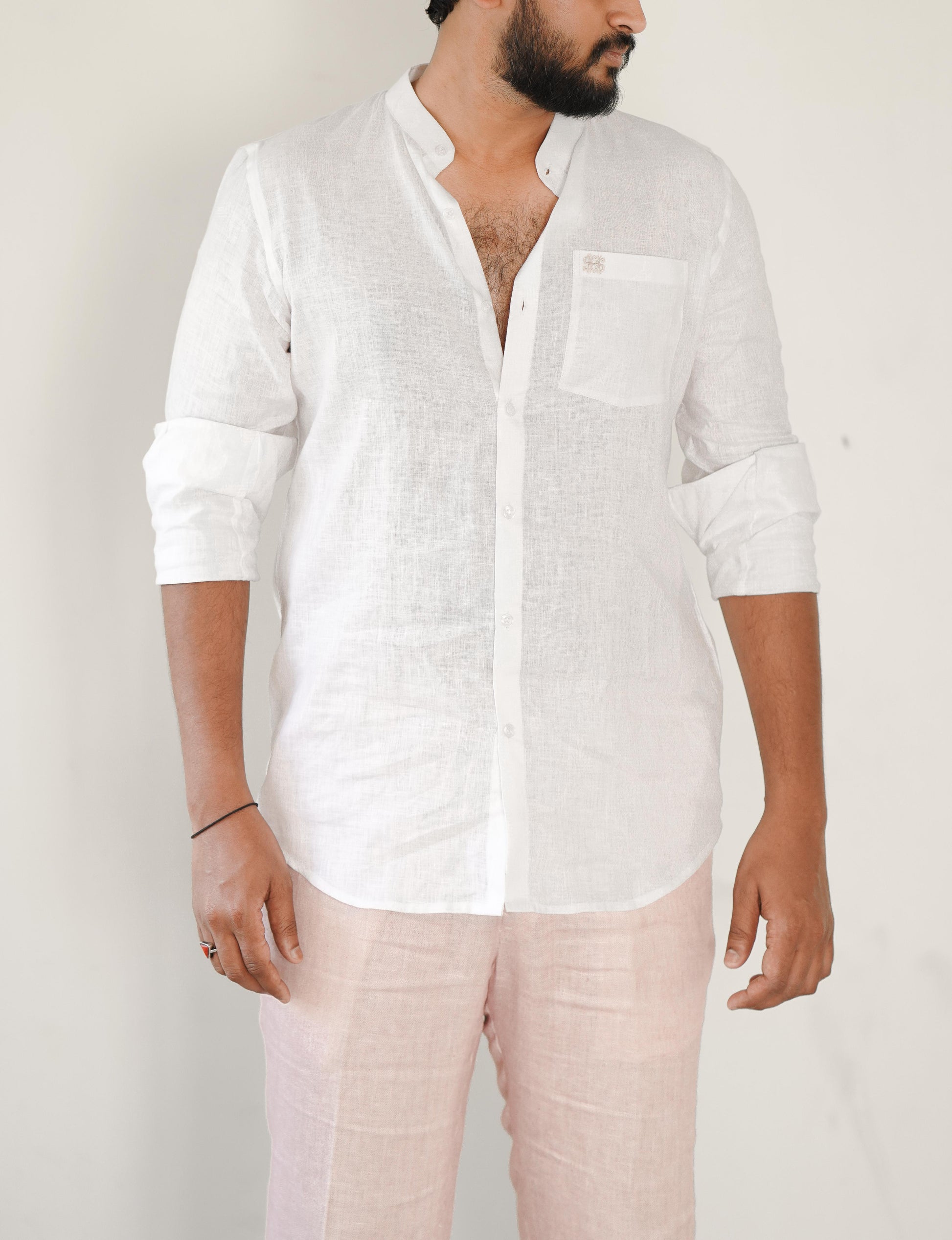 Pure White Linen Mens Shirt Front Pose
