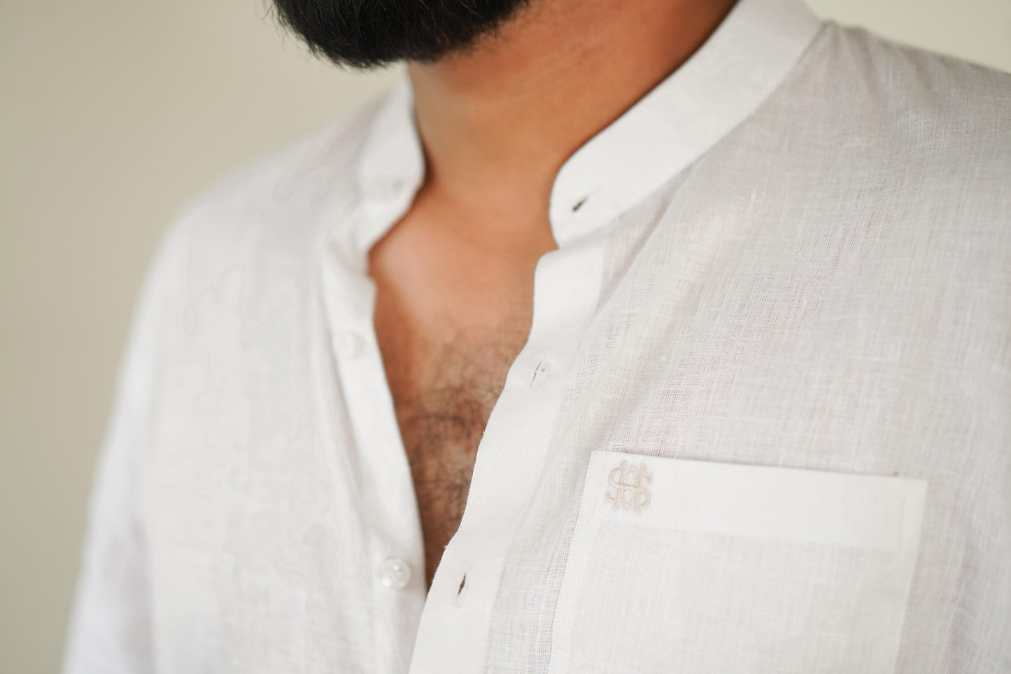 Pure White Linen Mens Shirt with HOS Logo close up