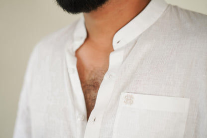 Pure White Linen Mens Shirt with HOS Logo close up