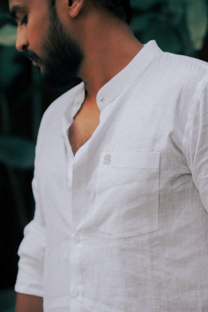 HOS Pure White Linen Mens Shirt Close up