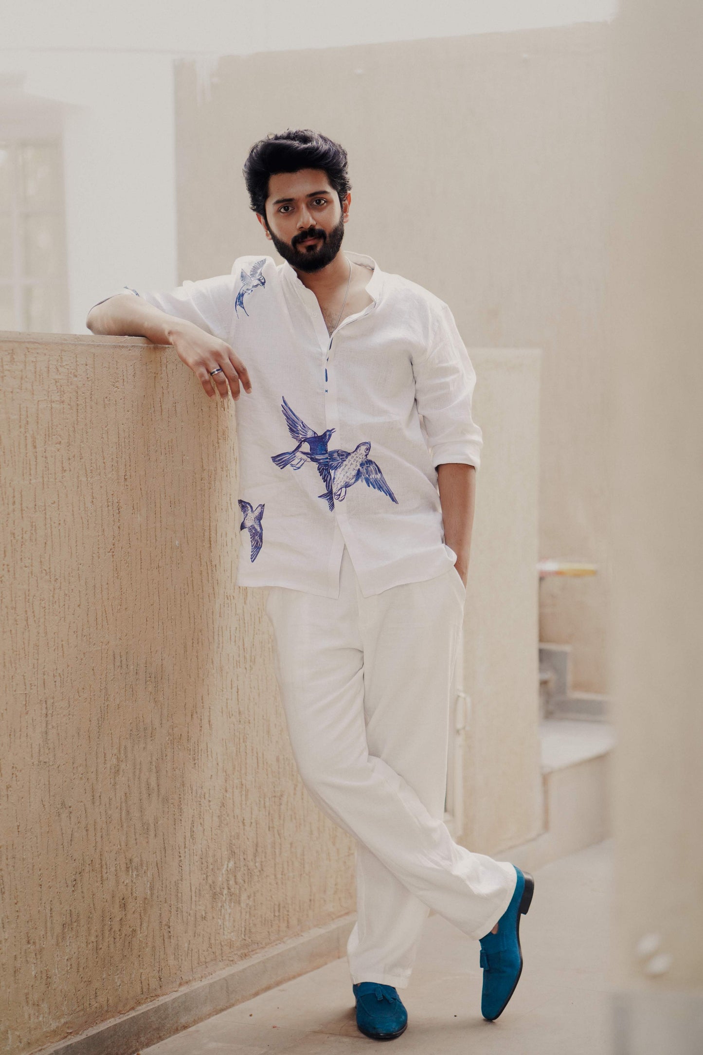 HOS Blue Sparrow Printed White Cotton Linen Mens Shirt Full front with White HOS Linen Pants
