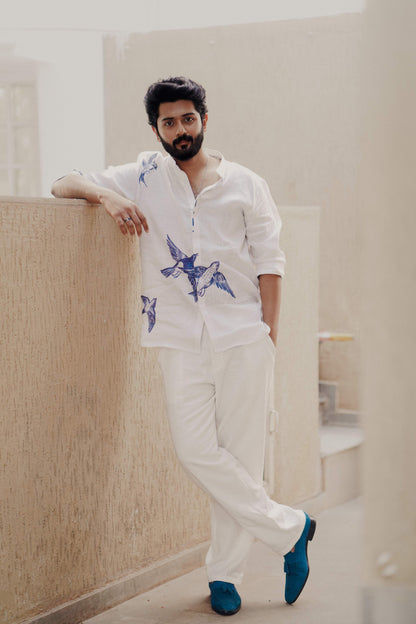 HOS Blue Sparrow Printed White Cotton Linen Mens Shirt Full front with White HOS Linen Pants