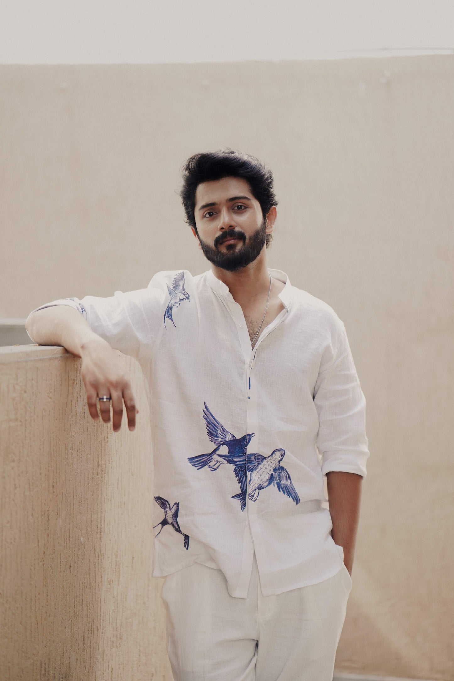 HOS Blue Sparrow Printed White Cotton Linen Mens Shirt Full Front Print view 