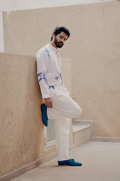HOS Blue Sparrow Printed White Cotton Linen Mens Shirts Side view
