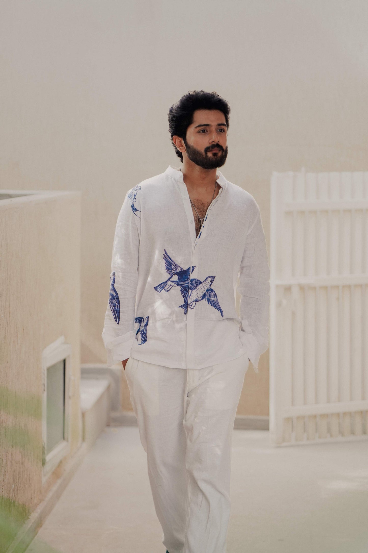 HOS Blue Sparrow Printed White Cotton Linen Shirt front 1