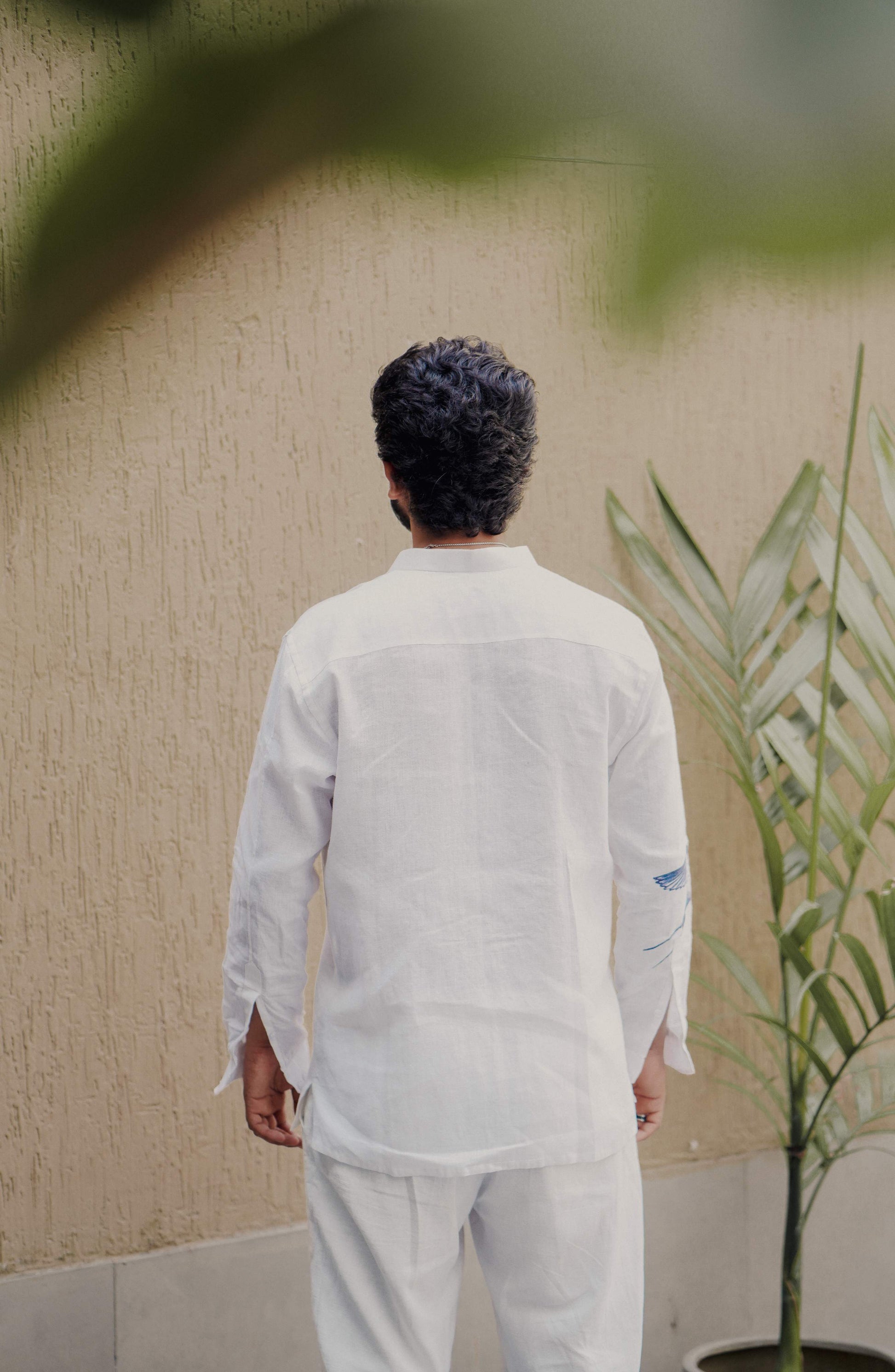 HOS Blue Sparrow Printed White Cotton Linen Shirt Back view 