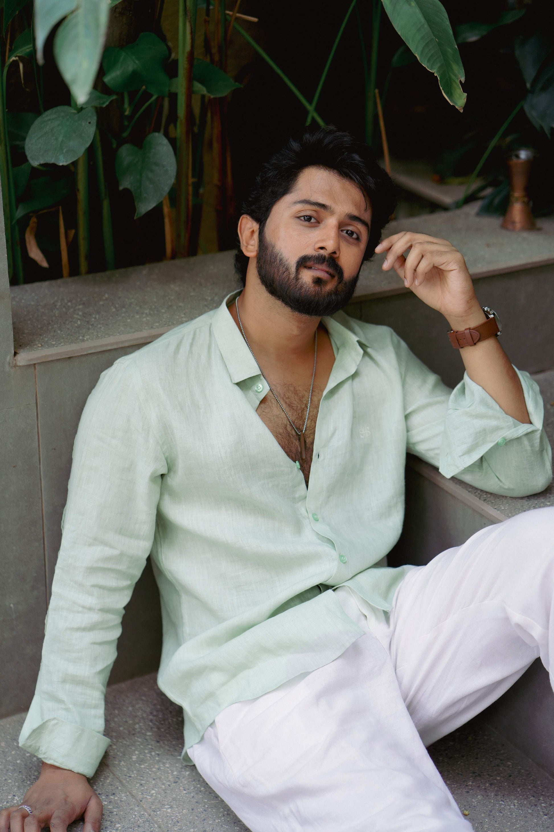 HOS Signature Pure Linen Green Shirt Frontal