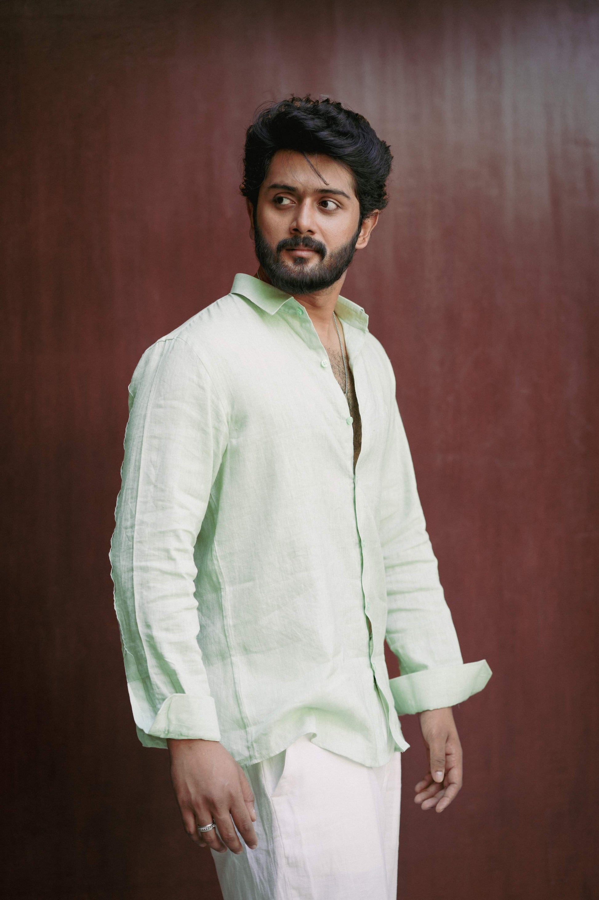 HOS Signature Pure Linen Green Shirt Side view